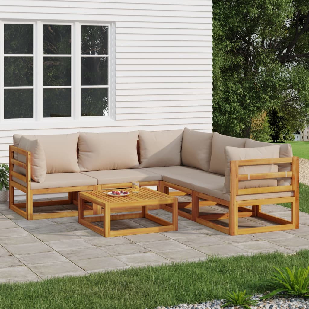 Salon de jardin 6 pcs avec coussins taupe bois massif