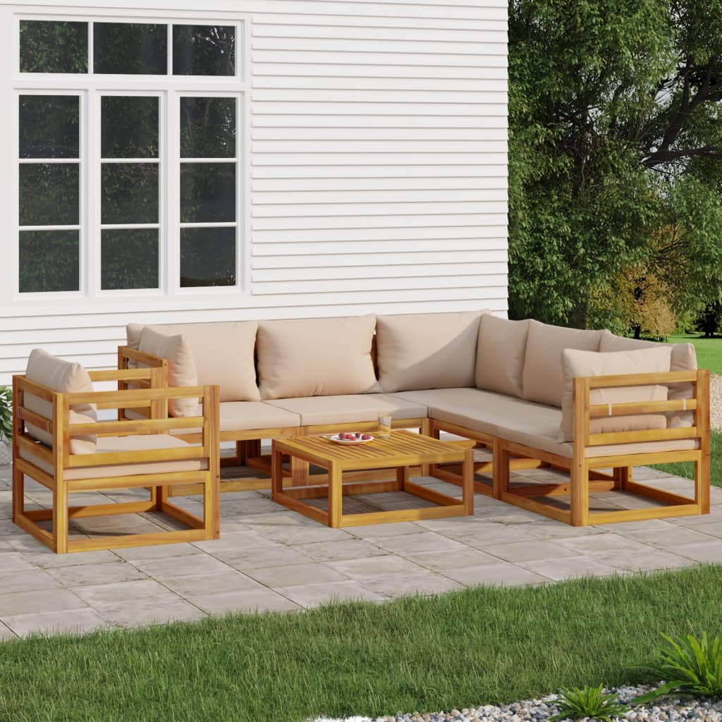 Salon de jardin 7 pcs avec coussins taupe bois massif