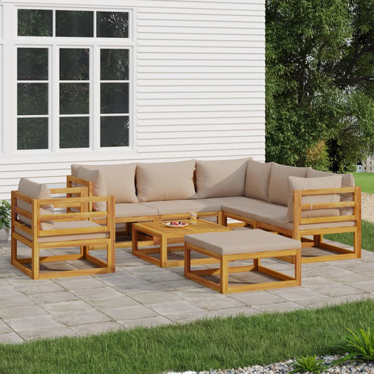 Salon de jardin 8 pcs avec coussins taupe bois massif