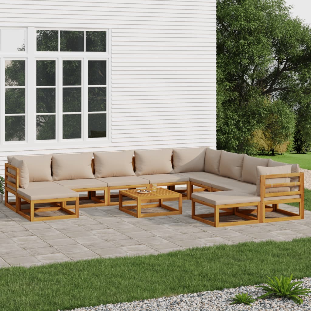 Salon de jardin 11 pcs avec coussins taupe bois massif