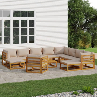 Salon de jardin 12 pcs avec coussins taupe bois massif