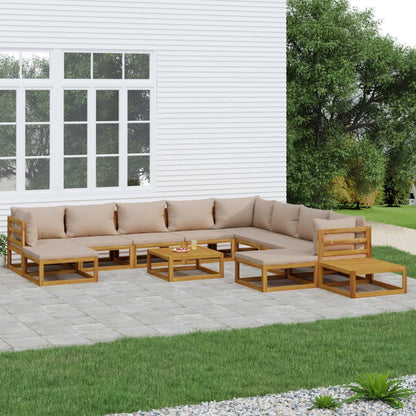 Salon de jardin 12 pcs avec coussins taupe bois massif