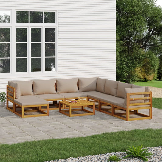 Salon de jardin 9 pcs avec coussins taupe bois massif