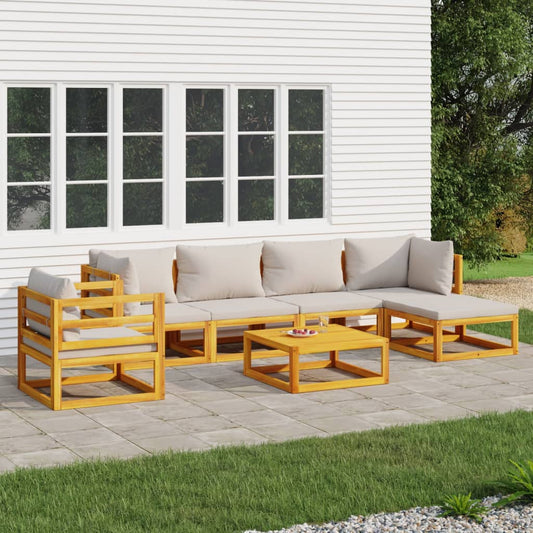 Salon de jardin 7 pcs avec coussins gris clair bois massif