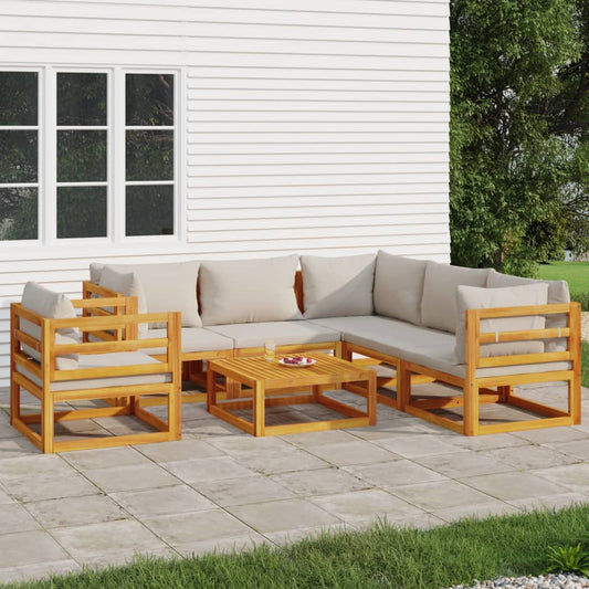 Salon de jardin 7 pcs avec coussins gris clair bois massif