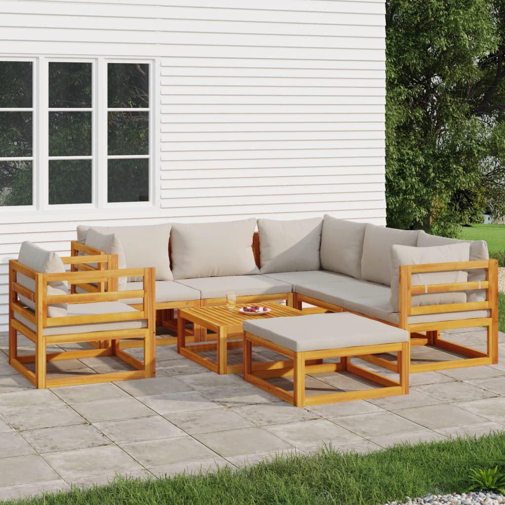 Salon de jardin 8 pcs avec coussins gris clair bois massif