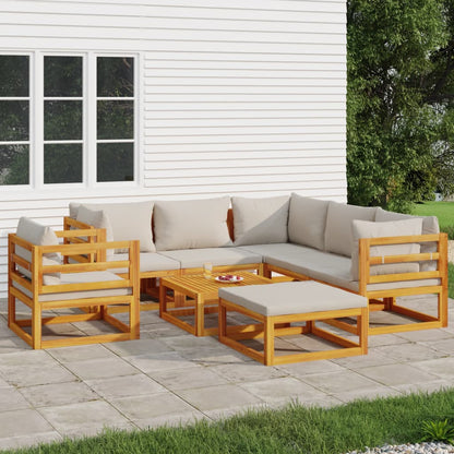 Salon de jardin 8 pcs avec coussins gris clair bois massif