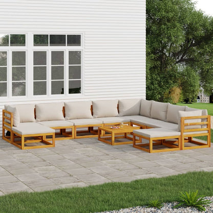 Salon de jardin 11 pcs avec coussins gris clair bois massif