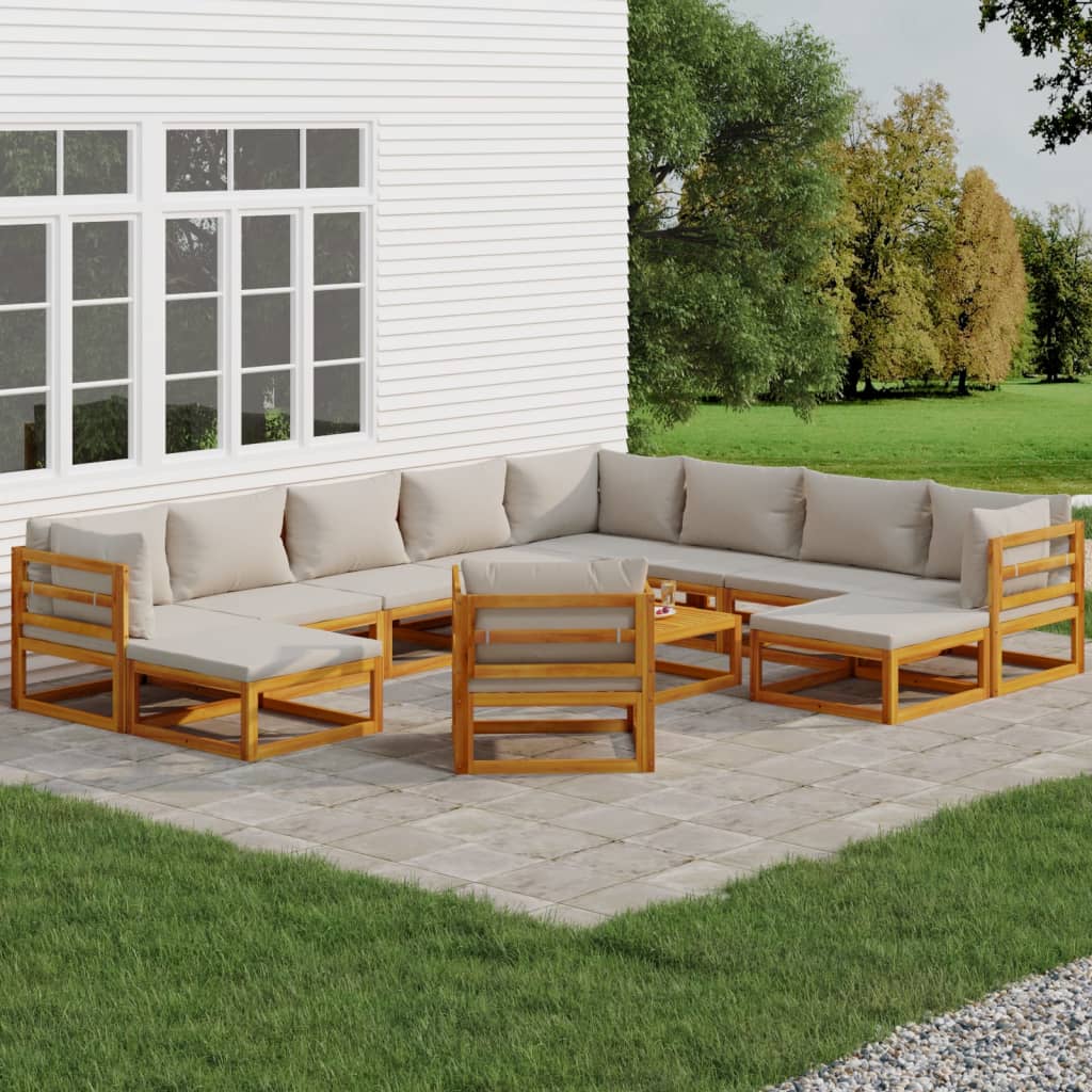 Salon de jardin 12 pcs avec coussins gris clair bois massif