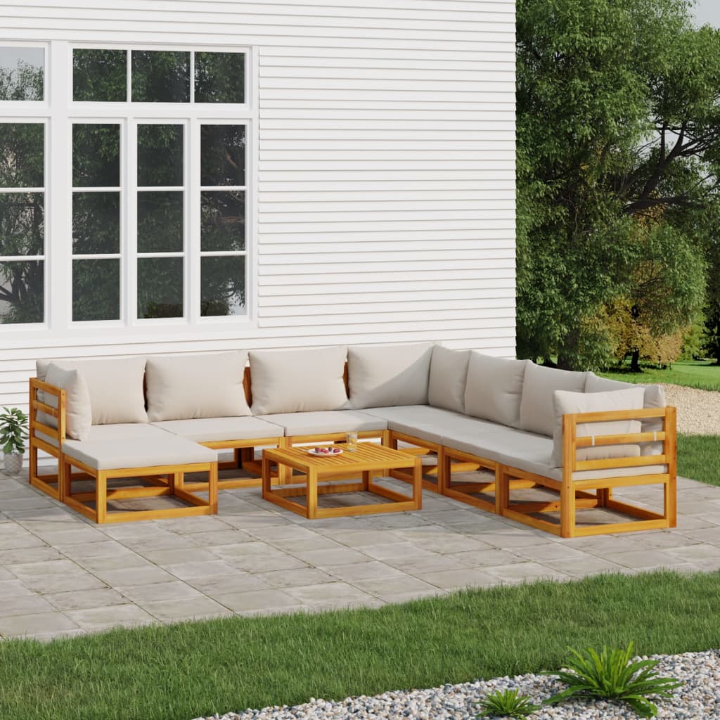 Salon de jardin 9 pcs avec coussins gris clair bois massif