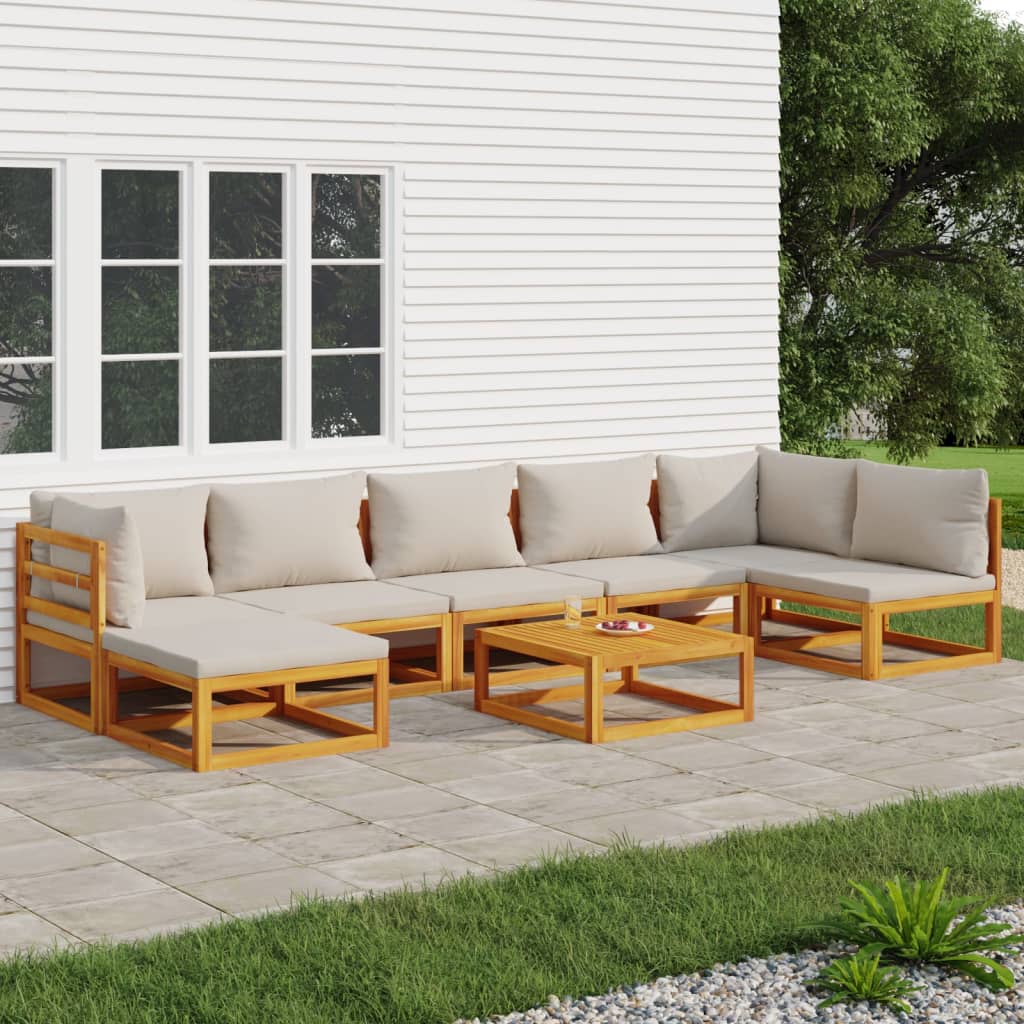 Salon de jardin 8 pcs avec coussins gris clair bois massif