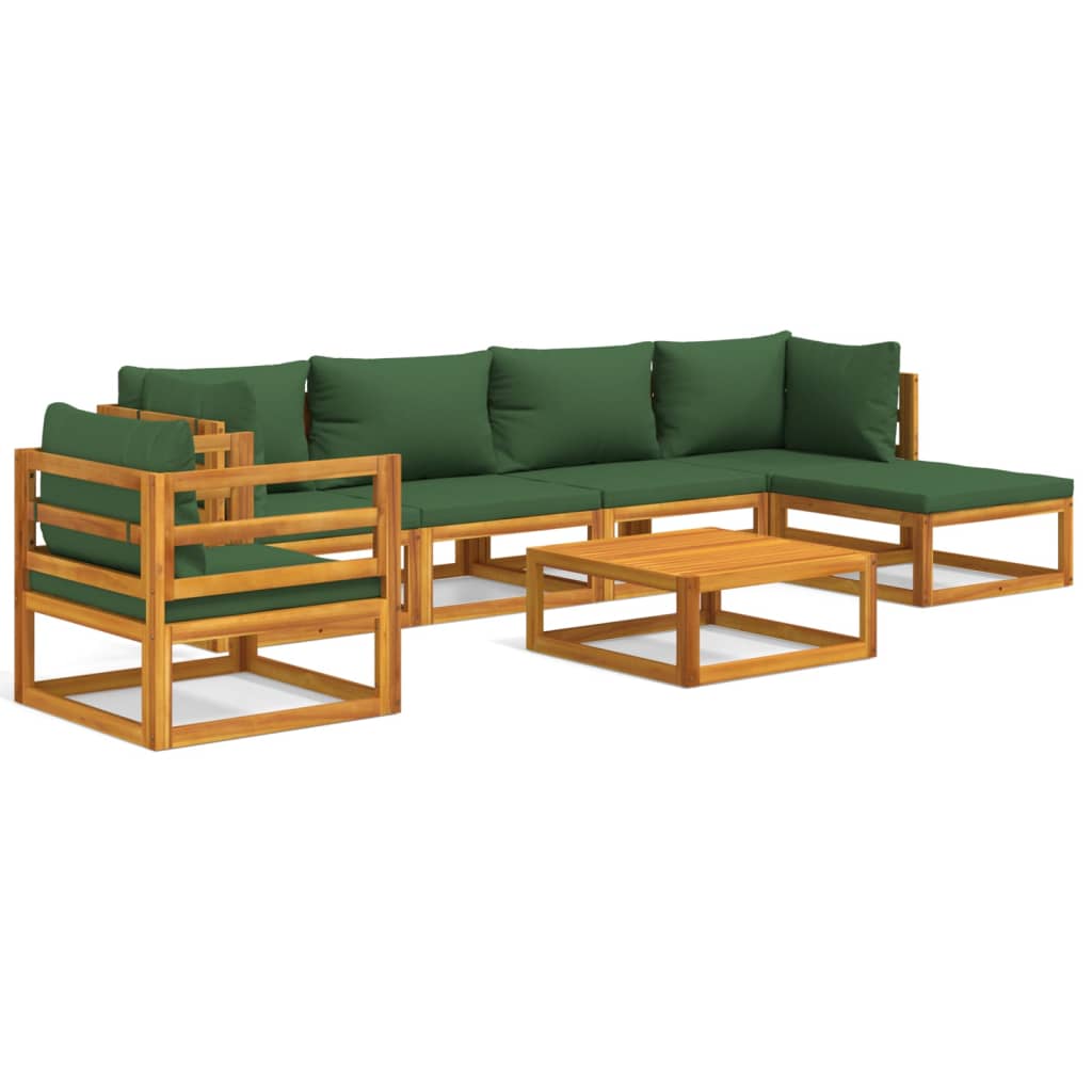 Salon de jardin 7 pcs avec coussins vert bois massif