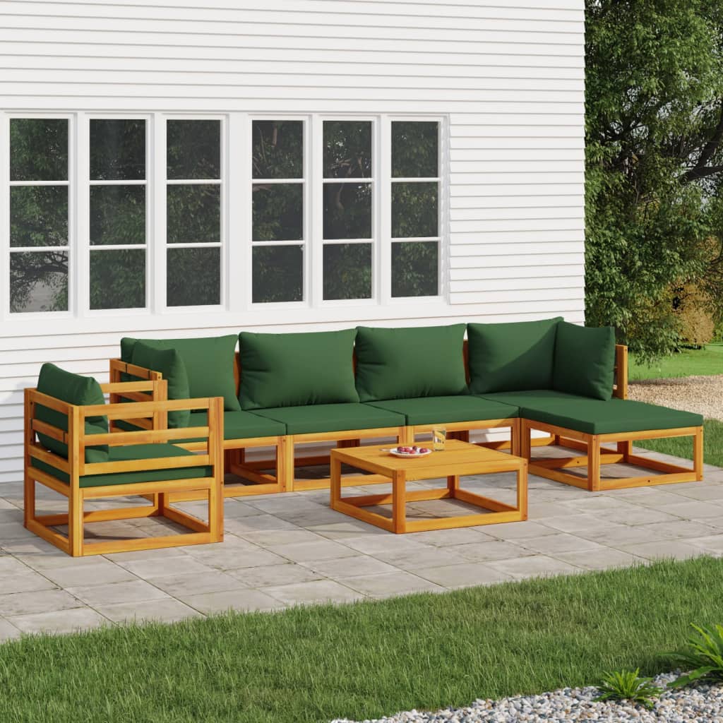 Salon de jardin 7 pcs avec coussins vert bois massif