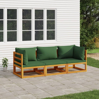 Salon de jardin 3 pcs avec coussins vert bois massif