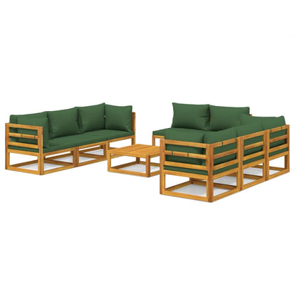 Salon de jardin 9 pcs avec coussins vert bois massif