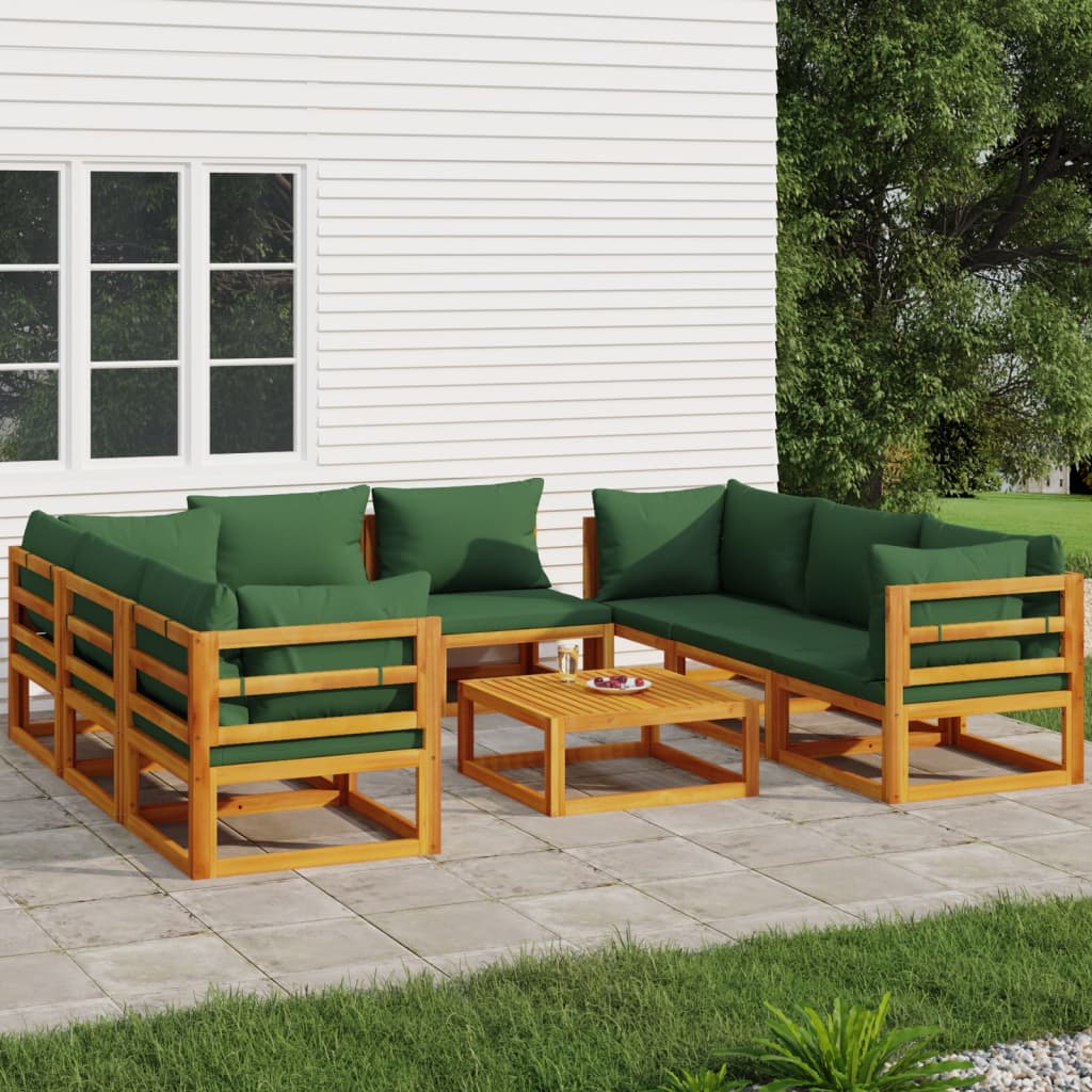 Salon de jardin 9 pcs avec coussins vert bois massif