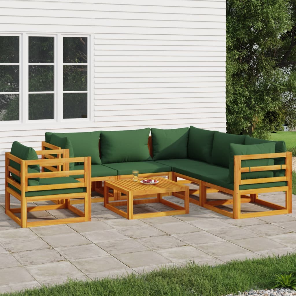 Salon de jardin 7 pcs avec coussins vert bois massif