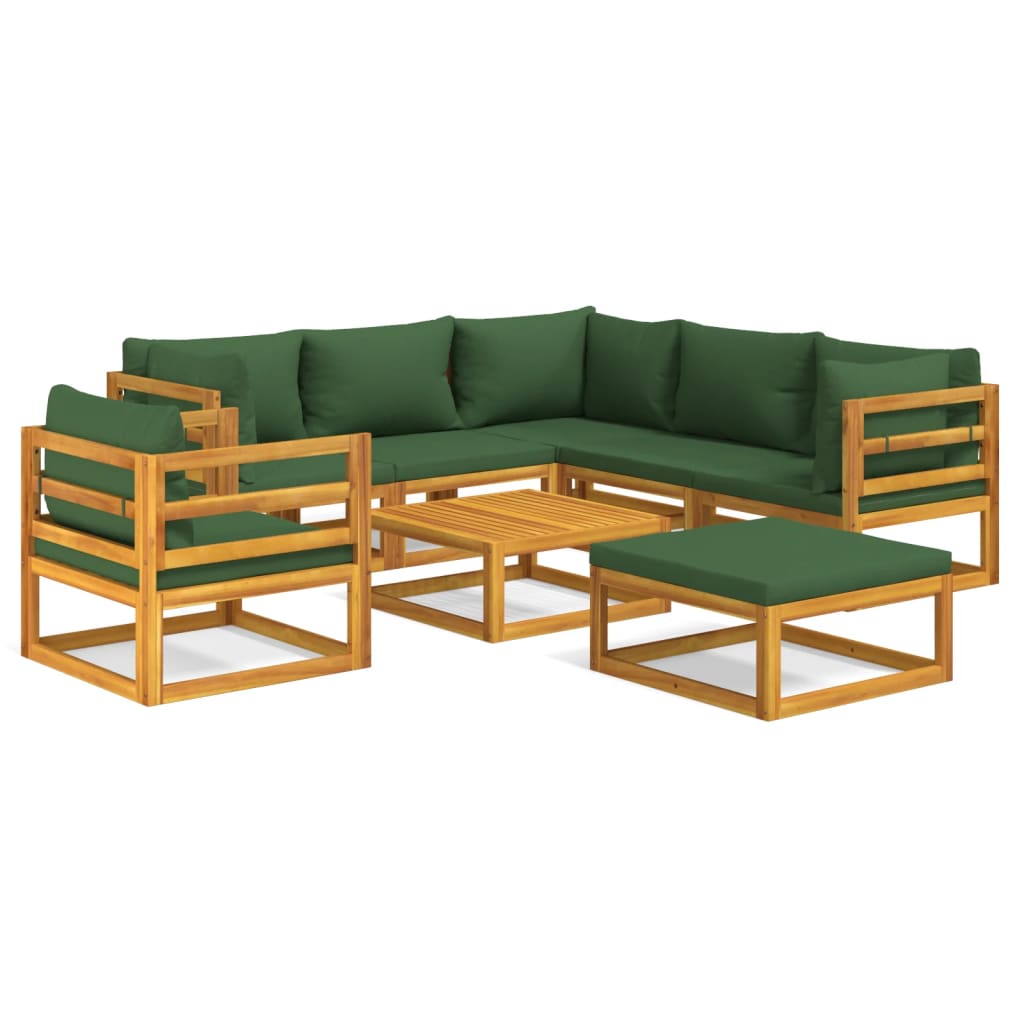 Salon de jardin 8 pcs avec coussins vert bois massif