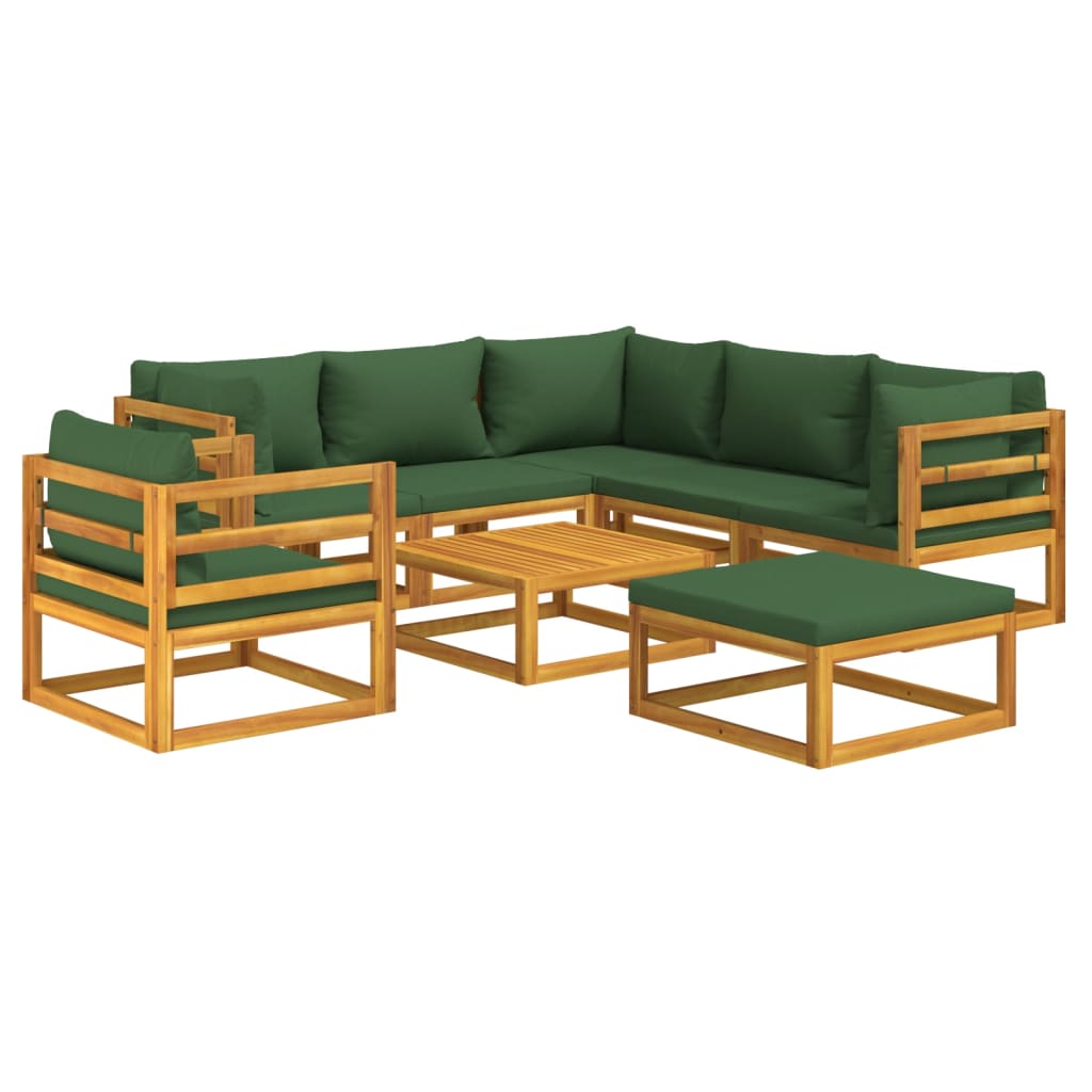 Salon de jardin 8 pcs avec coussins vert bois massif