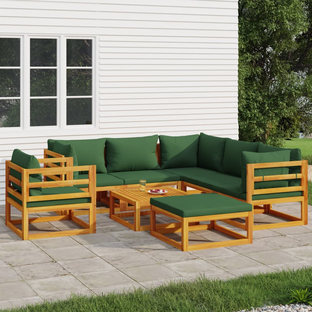 Salon de jardin 8 pcs avec coussins vert bois massif