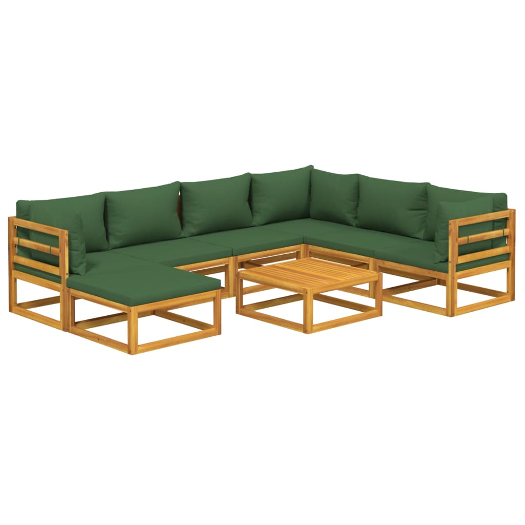 Salon de jardin 8 pcs avec coussins vert bois massif