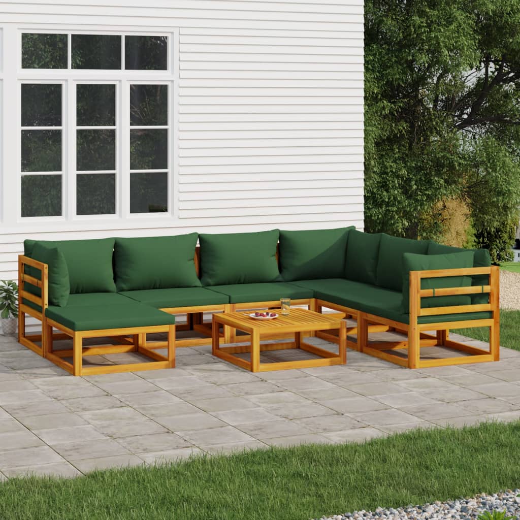 Salon de jardin 8 pcs avec coussins vert bois massif