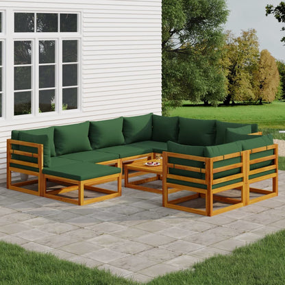 Salon de jardin 10 pcs avec coussins vert bois massif