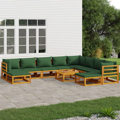 Salon de jardin 11 pcs avec coussins vert bois massif