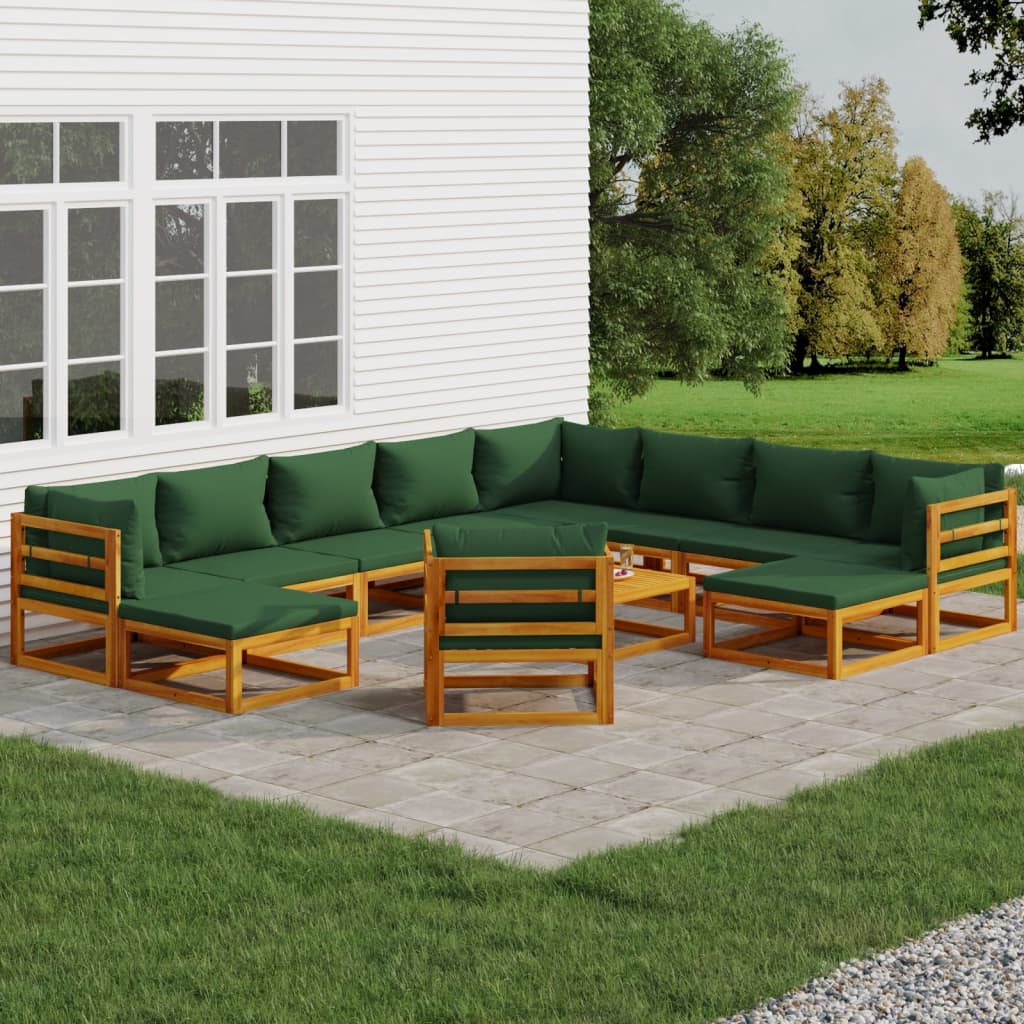 Salon de jardin 12 pcs avec coussins vert bois massif