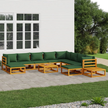 Salon de jardin 12 pcs avec coussins vert bois massif