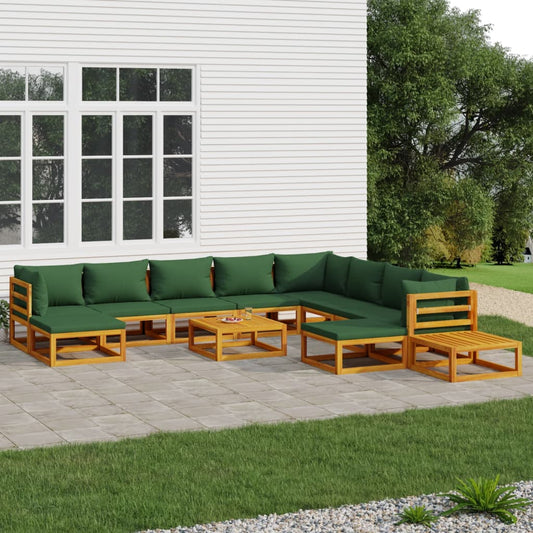 Salon de jardin 12 pcs avec coussins vert bois massif