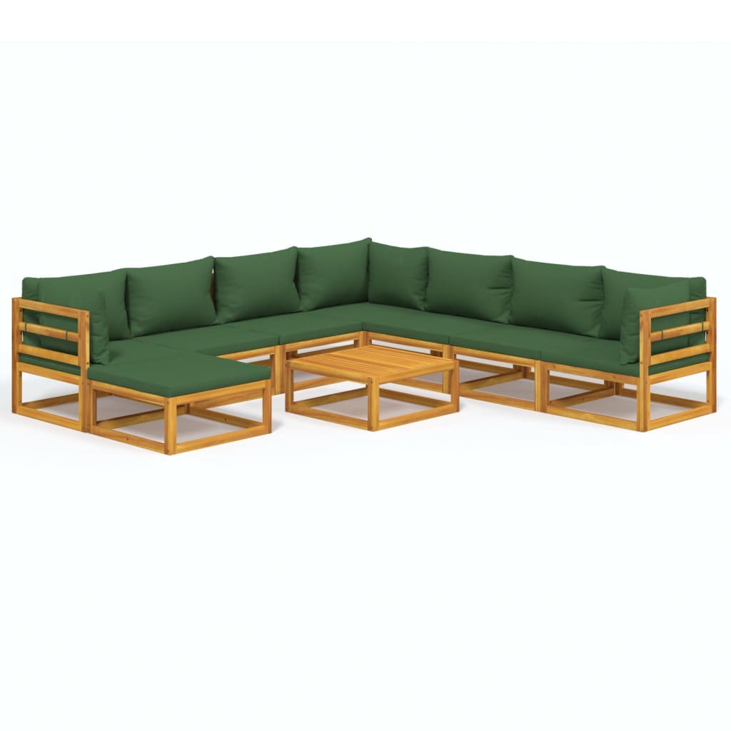 Salon de jardin 9 pcs avec coussins vert bois massif