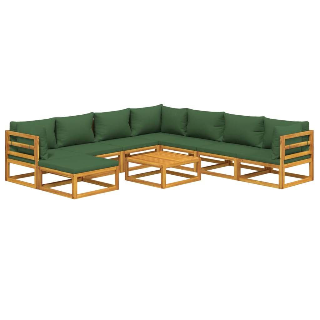 Salon de jardin 9 pcs avec coussins vert bois massif