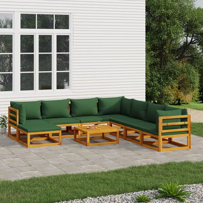 Salon de jardin 9 pcs avec coussins vert bois massif