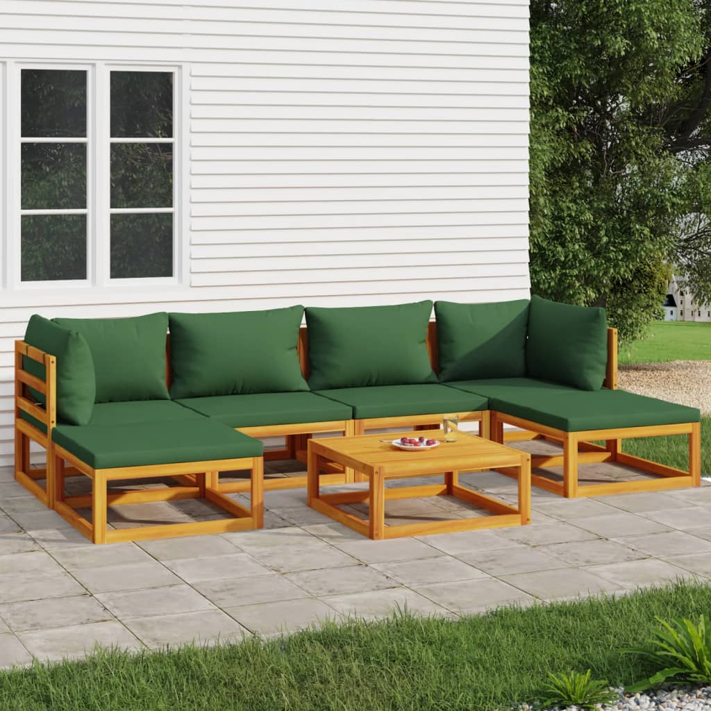 Salon de jardin 7 pcs avec coussins vert bois massif