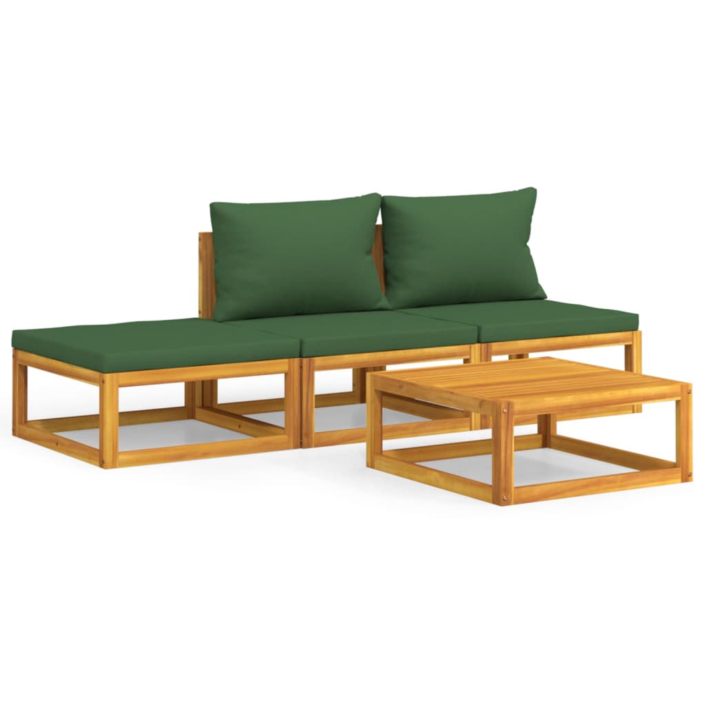 Salon de jardin 4 pcs avec coussins vert bois massif