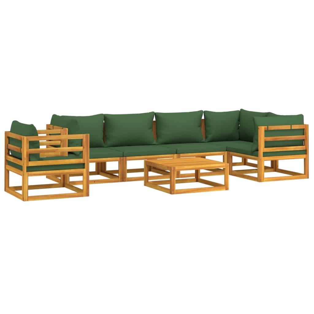 Salon de jardin 7 pcs avec coussins vert bois massif