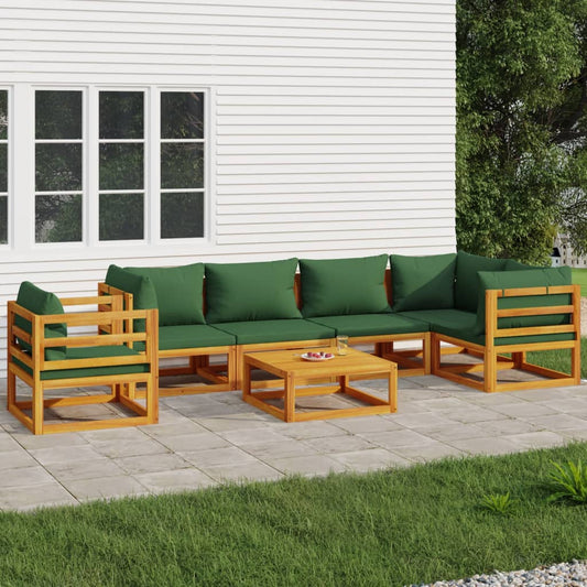 Salon de jardin 7 pcs avec coussins vert bois massif