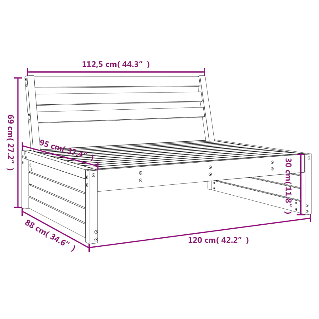 Canapé central de jardin blanc 120x80 cm bois de pin massif