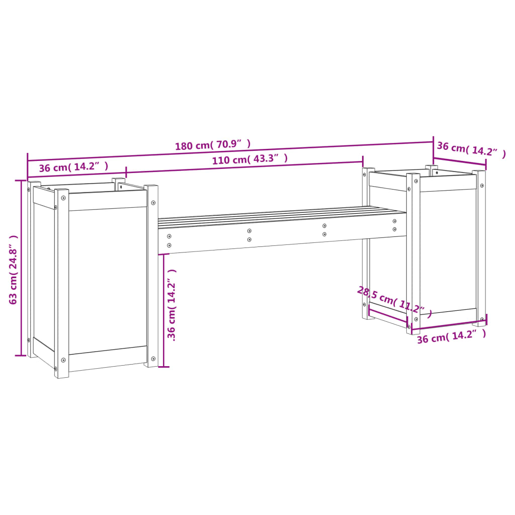 Banc avec jardinières 180x36x63 cm bois massif de pin