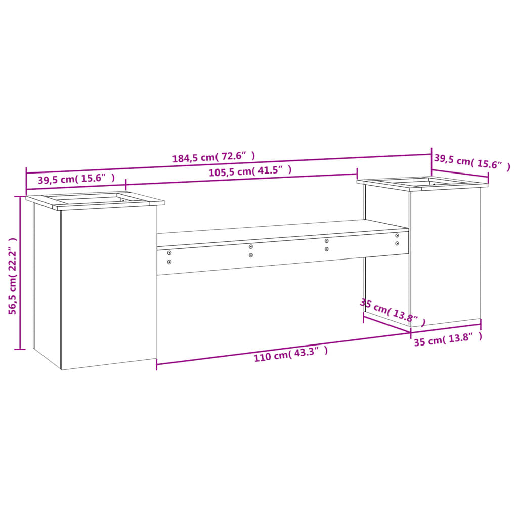 Banc avec jardinières noir 184,5x39,5x56,5cm bois massif de pin