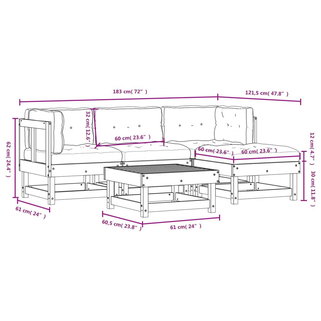 Salon de jardin 5 pcs avec coussins blanc bois massif