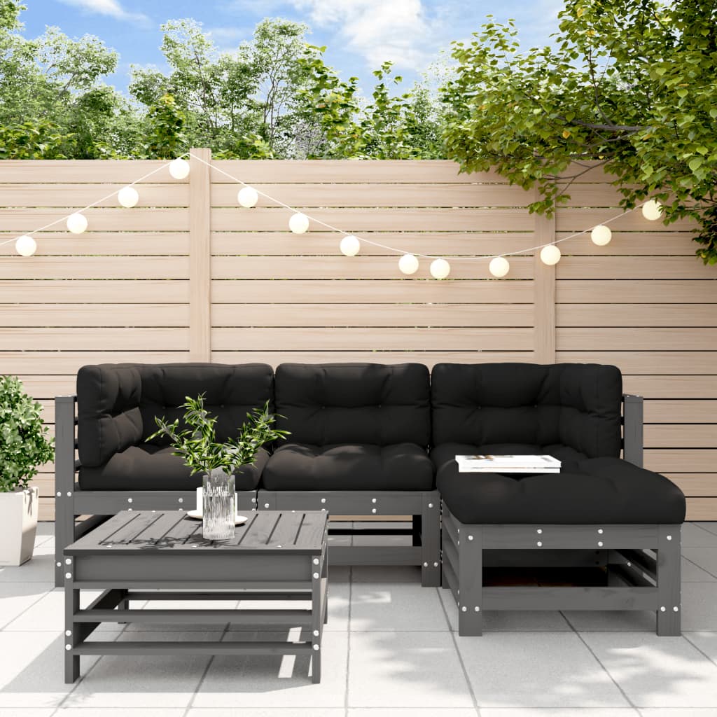 Salon de jardin 5 pcs avec coussins gris bois massif