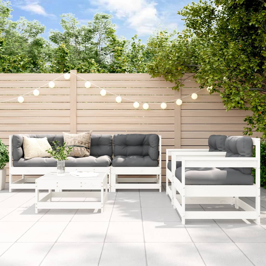 Salon de jardin 6 pcs avec coussins blanc bois massif