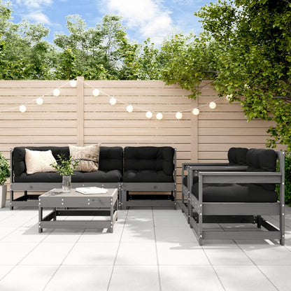 Salon de jardin 6 pcs avec coussins gris bois massif