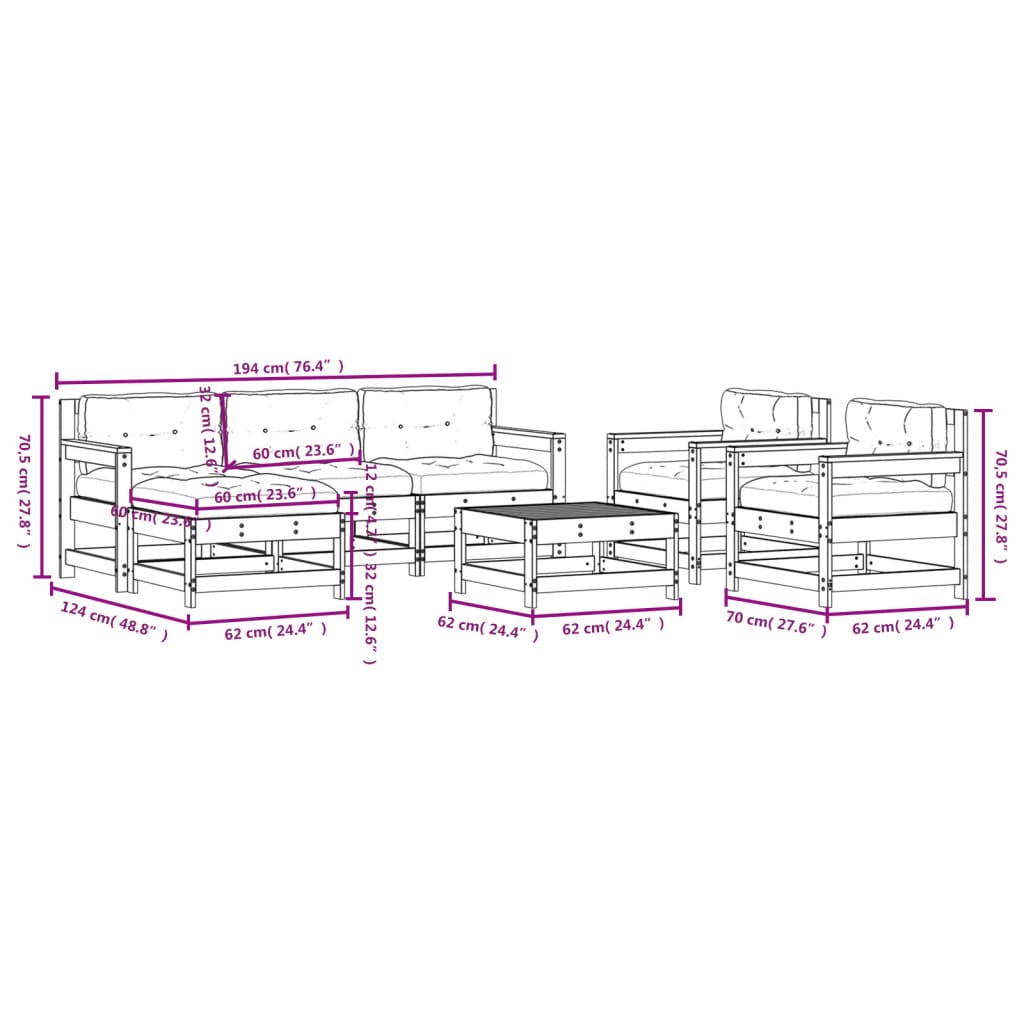 Salon de jardin 7 pcs avec coussins bois massif