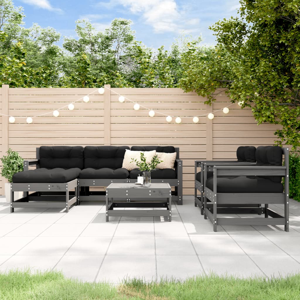 Salon de jardin 7 pcs avec coussins gris bois massif