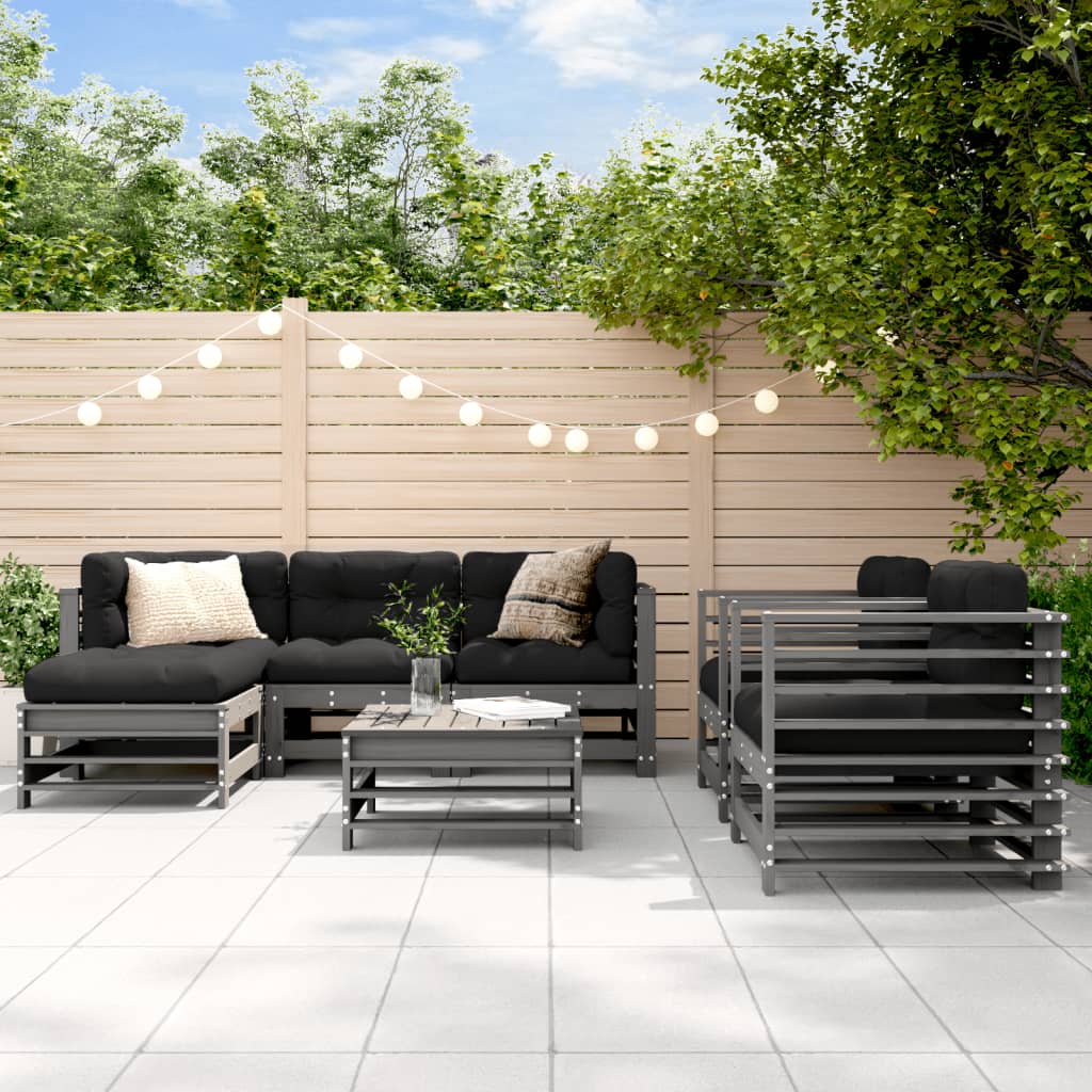 Salon de jardin 7 pcs avec coussins gris bois massif