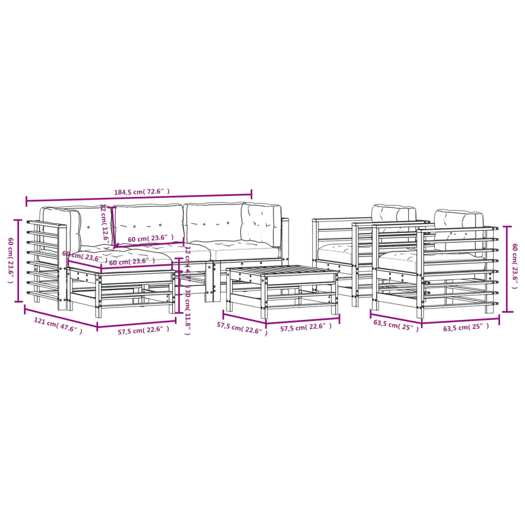 Salon de jardin 7 pcs avec coussins marron miel bois massif