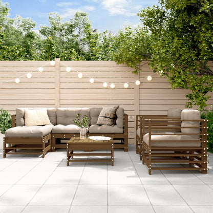 Salon de jardin 7 pcs avec coussins marron miel bois massif